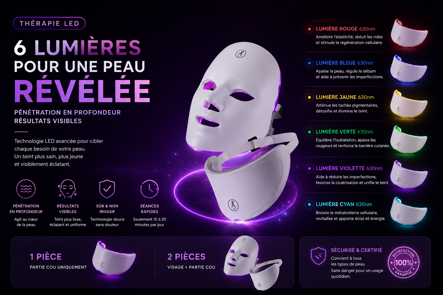 LUMINAE Pro Glow Mask — Masque LED 7 Couleurs Visage & Cou
